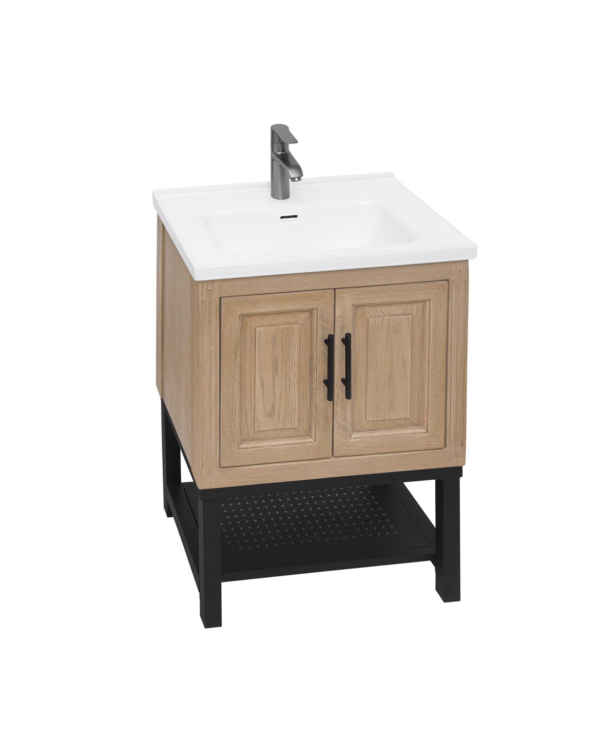 24" Bathroom Vanity with White Ceramic Sink & Faucet,Freestanding Bathroom Cabinet with 2 Storage Doors and Open iron Shelf - Walnut