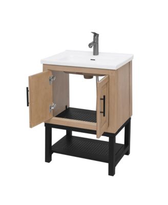 24" Bathroom Vanity with White Ceramic Sink & Faucet,Freestanding Bathroom Cabinet with 2 Storage Doors and Open iron Shelf