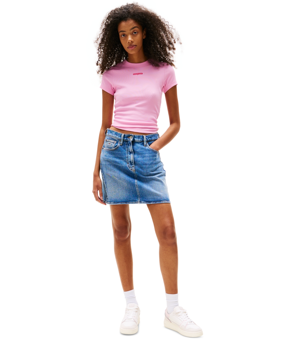 Tommy Jeans Women's Slim-fit Ribbed Script-label T-shirt In Carnival Pink
