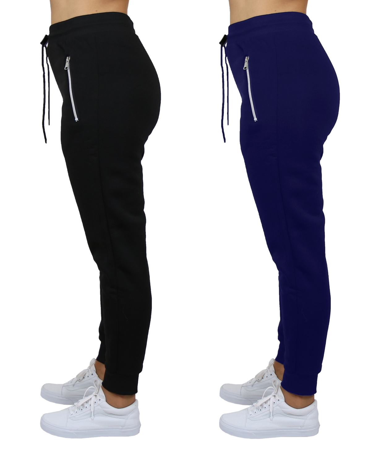 Galaxy By Harvic Women's Loose Fit Fleece Lined Jogger Sweatpants With Zipper Pockets-2 Pack In Black-navy