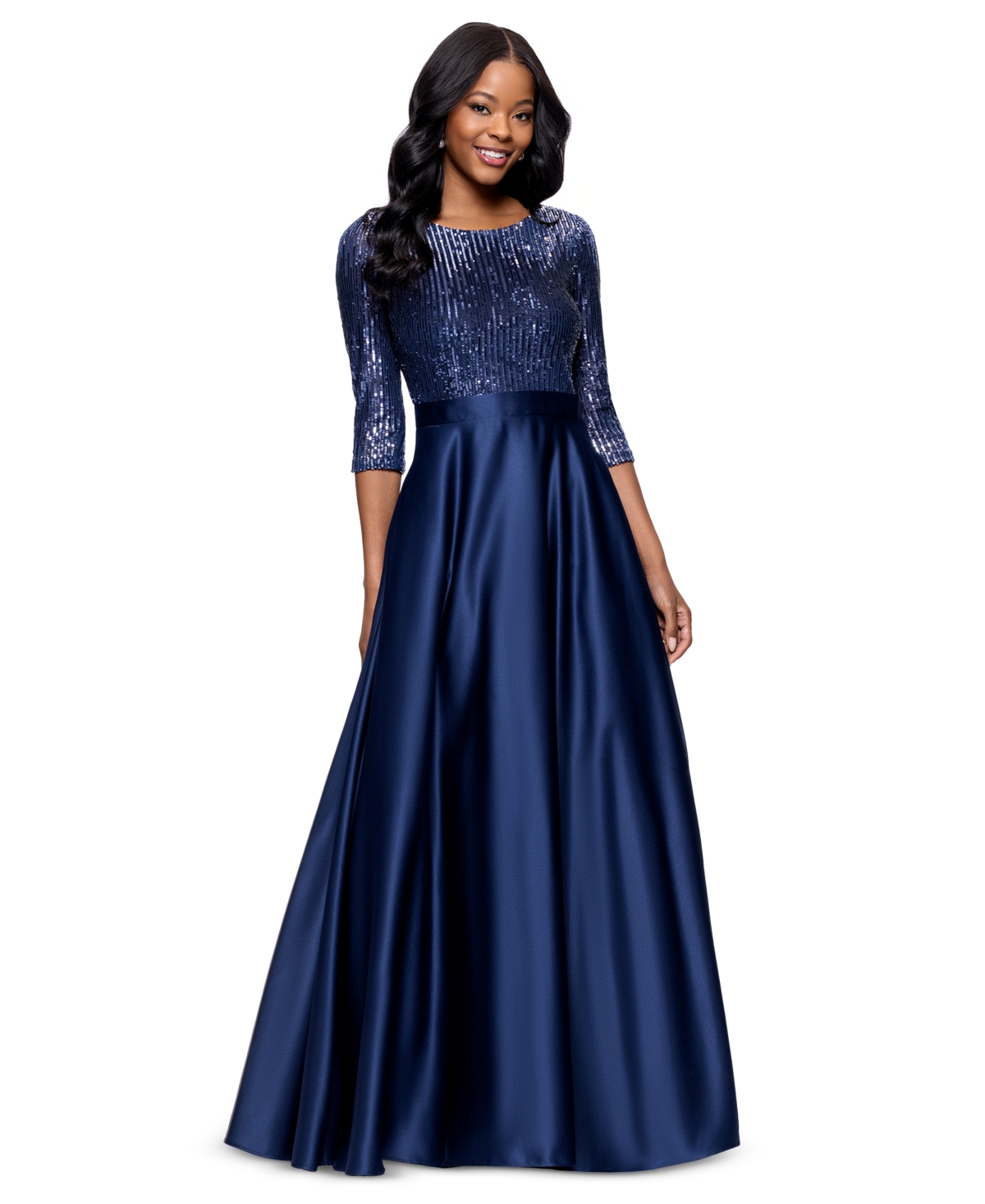 BETSY & ADAM PETITE EMBELLISHED SATIN GOWN 