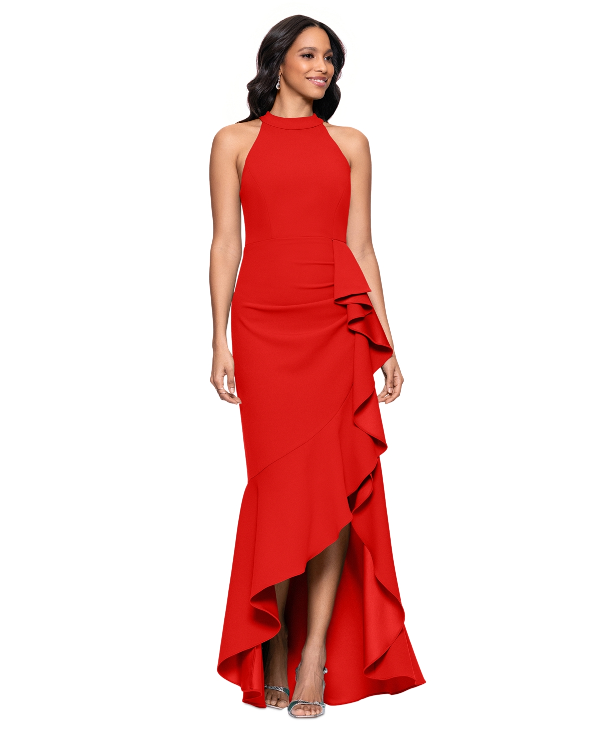 Betsy & Adam Petite Ruffled High-low Sleeveless Gown In Red