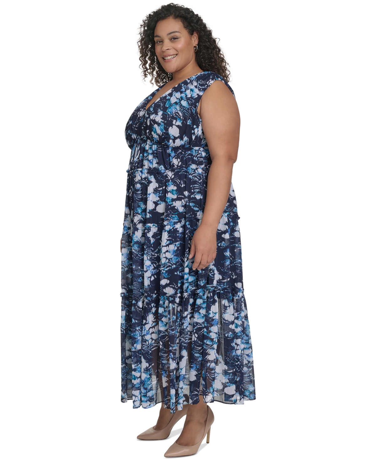 Dkny Plus Size Printed Empire Maxi Dress In Indigo Multi