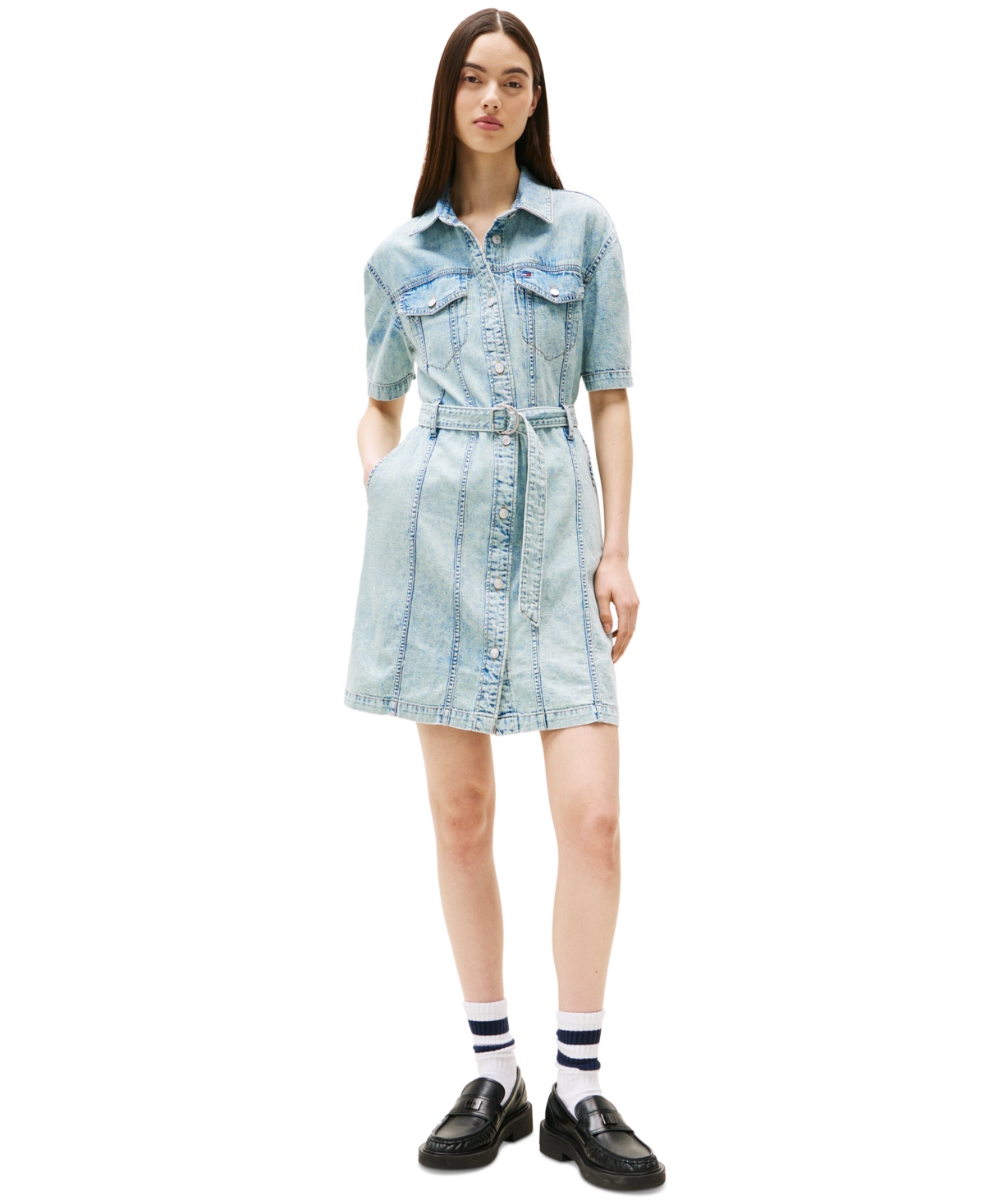 Women's Cotton Belted Denim Shirtdress - Denim Light