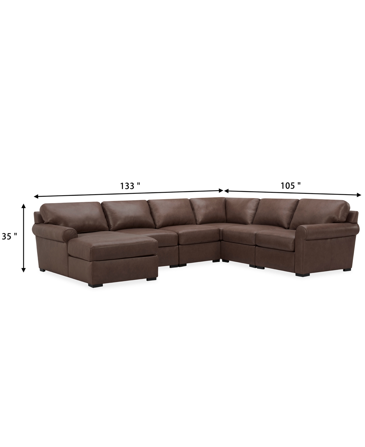 MACY'S RADLEY ROLL ARM 132" 6-PC. LEATHER SQUARE CORNER CHAISE SECTIONAL, EXCLUSIVELY AT MACY'S 