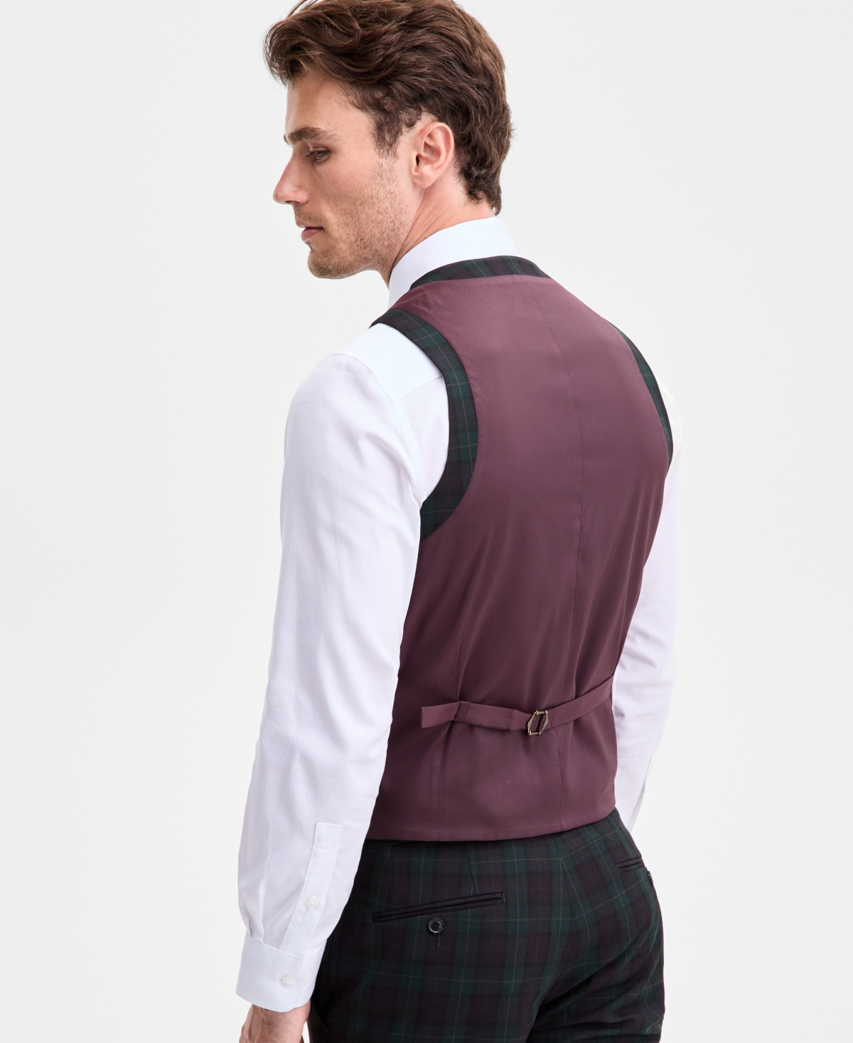 Bar Iii Men's Slim-fit Green & Burgundy Plaid Suit Separate Vest, Macy's Exclusive In Multi