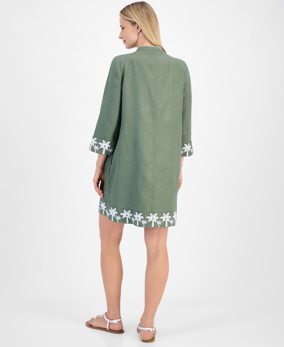 Shop Charter Club Women's 100% Linen Palm-trim Mini Dress, Exclusively At Macy's