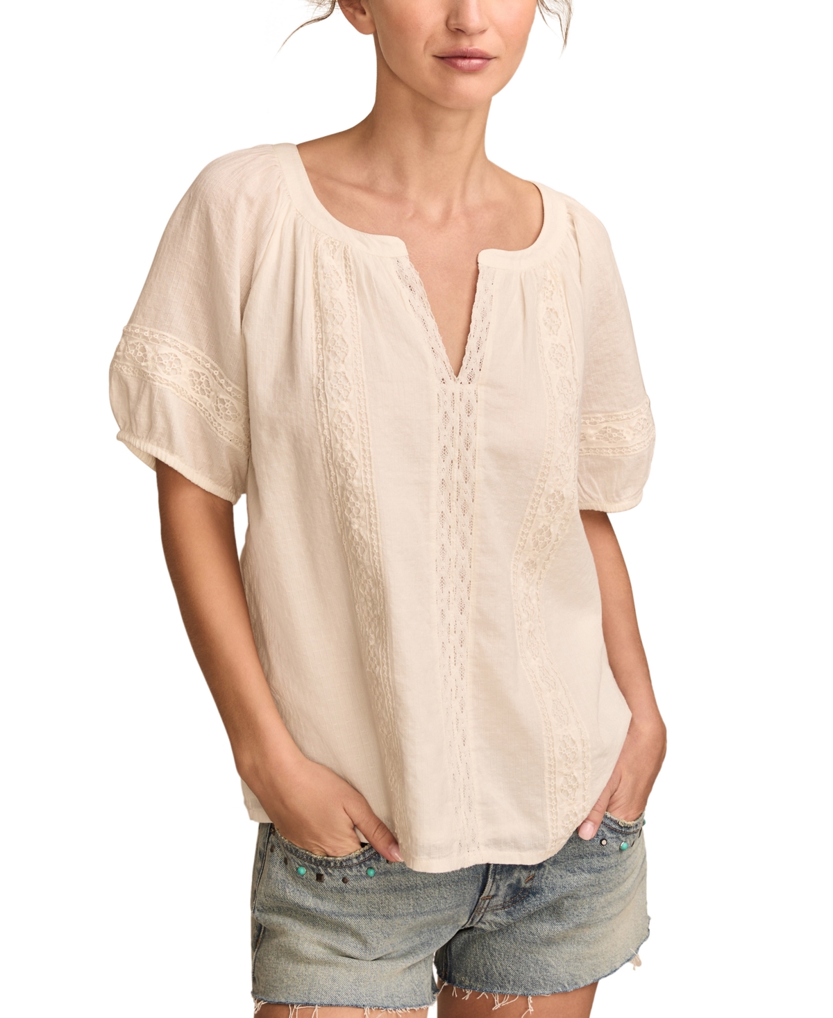 LUCKY BRAND WOMEN'S COTTON LACE INSET SHORT-SLEEVE PEASANT BLOUSE 