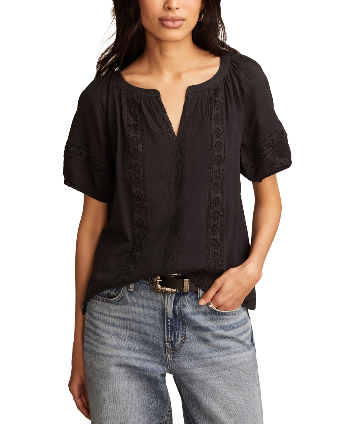 LUCKY BRAND WOMEN'S COTTON LACE INSET SHORT-SLEEVE PEASANT BLOUSE 