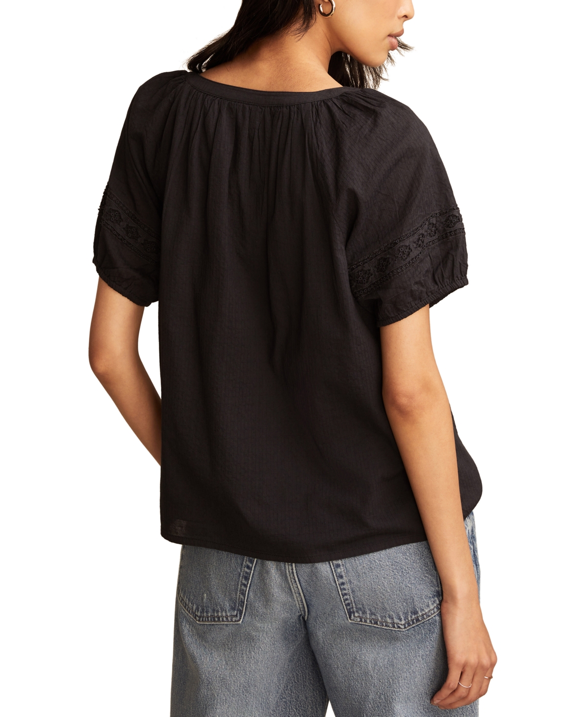 LUCKY BRAND WOMEN'S COTTON LACE INSET SHORT-SLEEVE PEASANT BLOUSE 