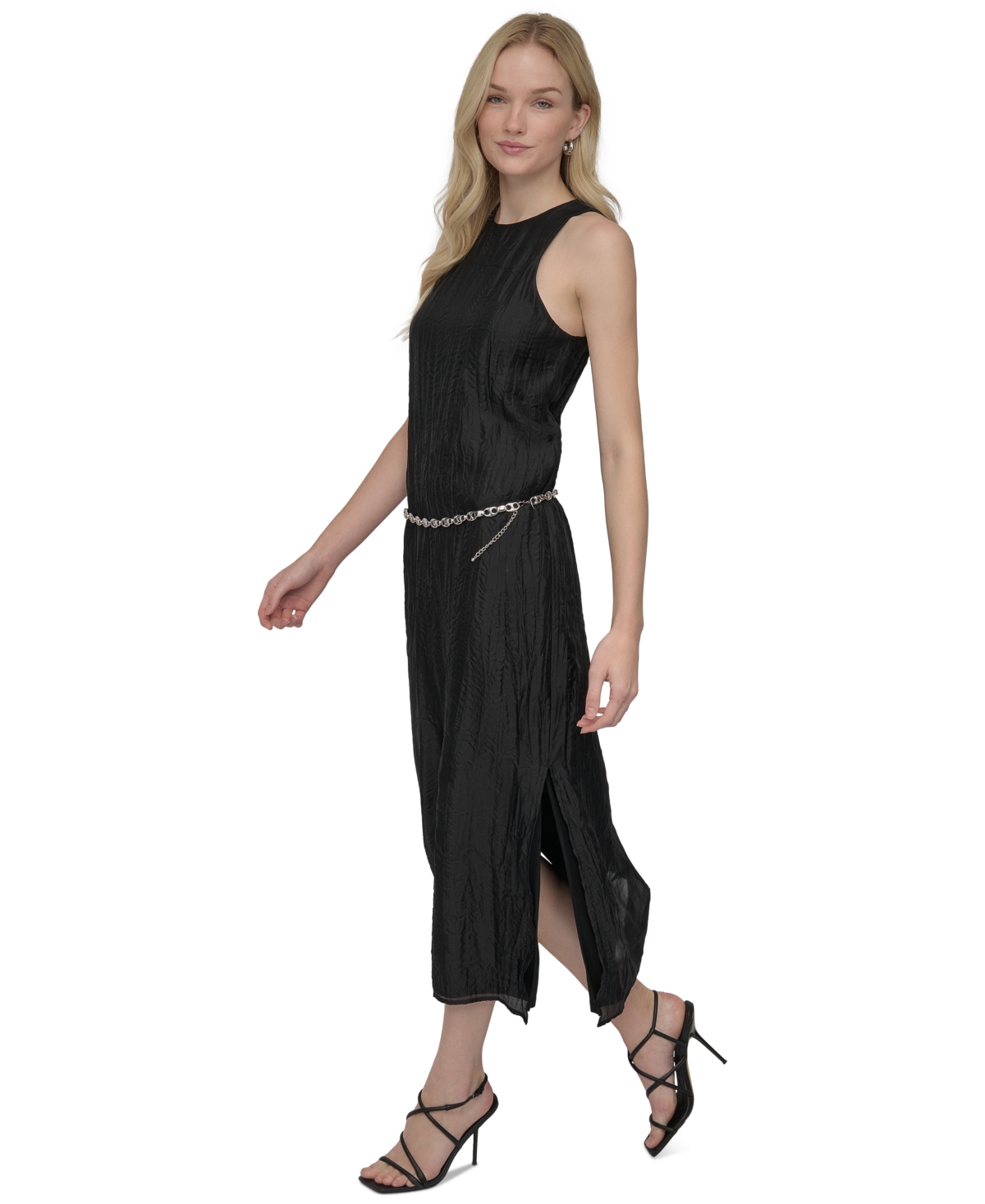 DKNY WOMEN'S CHAIN-BELT SLEEVELESS MIDI DRESS 