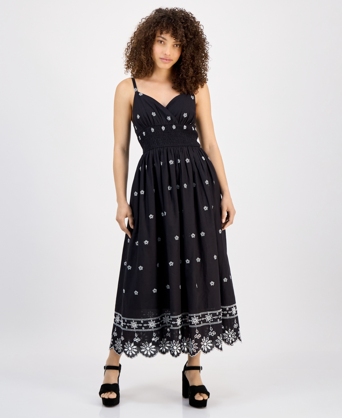 Petite V-Neck Sleeveless Black Eyelet Maxi Dress - Black