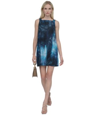 DKNY - Petite Faded-Print Square-Neck Mini Shift Dress