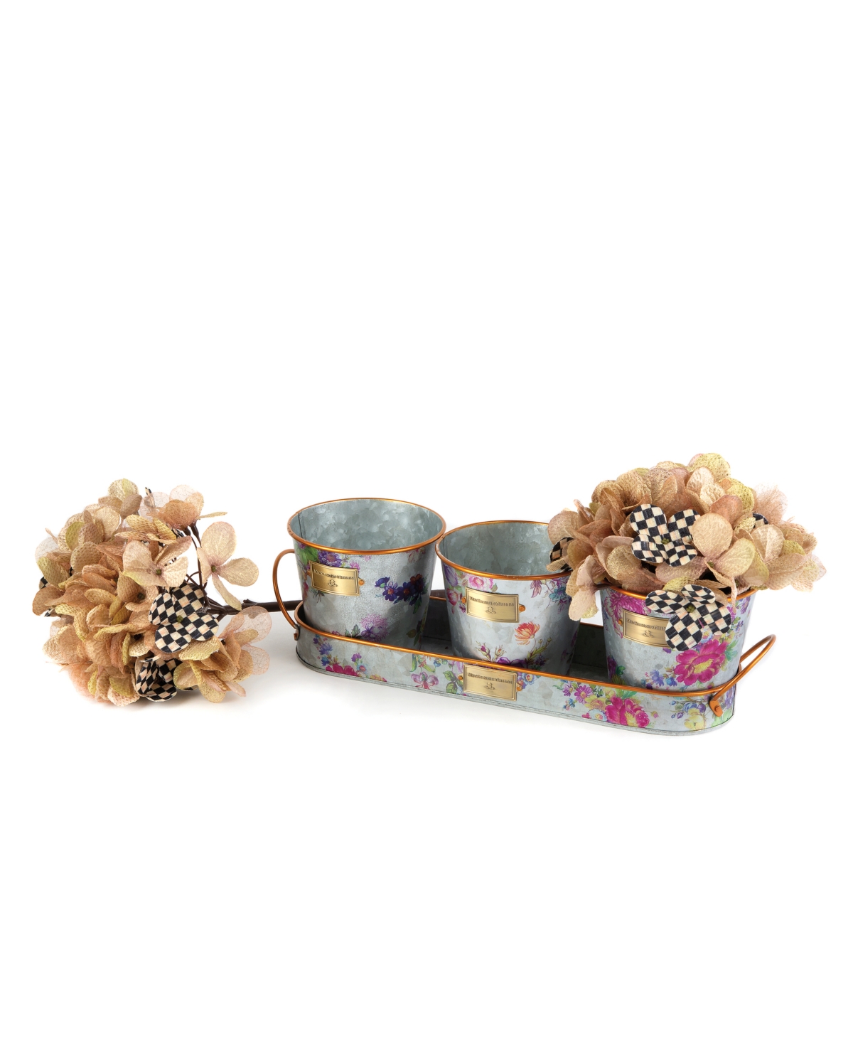 MACKENZIE-CHILDS FLOWER MARKET GALVANIZED HERB POTS WITH TRAY, SET OF 3 
