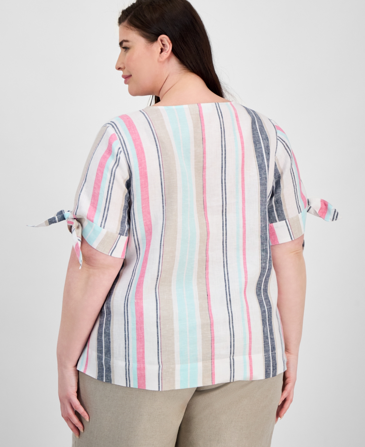 Charter Club Plus Size Linen Striped Tie-sleeve Blouse, Exclusively At Macy's
