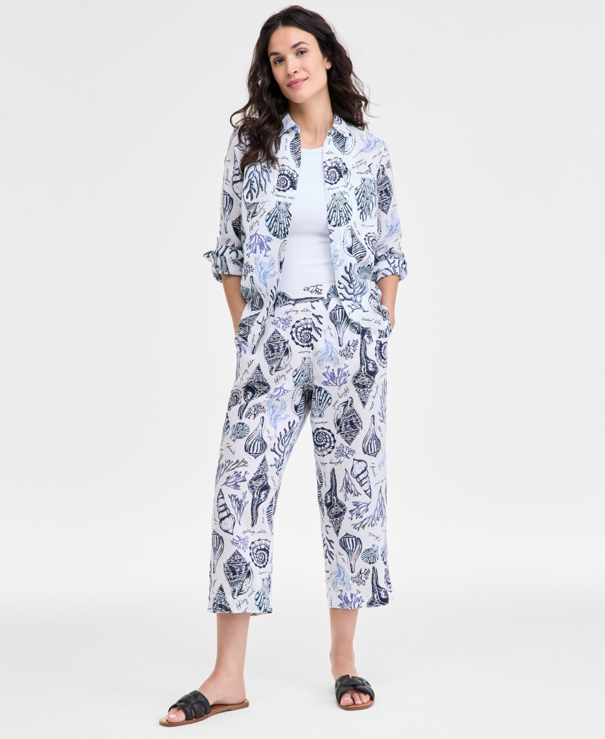 Women's Cropped Pull-On 100% Linen Pants, Exclusively at Macy's - Bright White