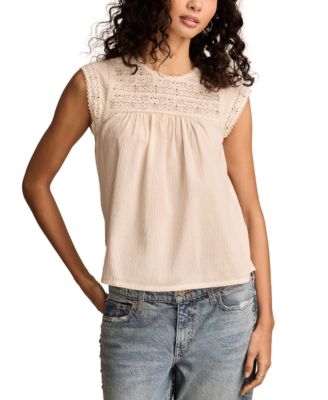 Lucky Brand - Women's Lace-Neck Pintuck Cotton Top