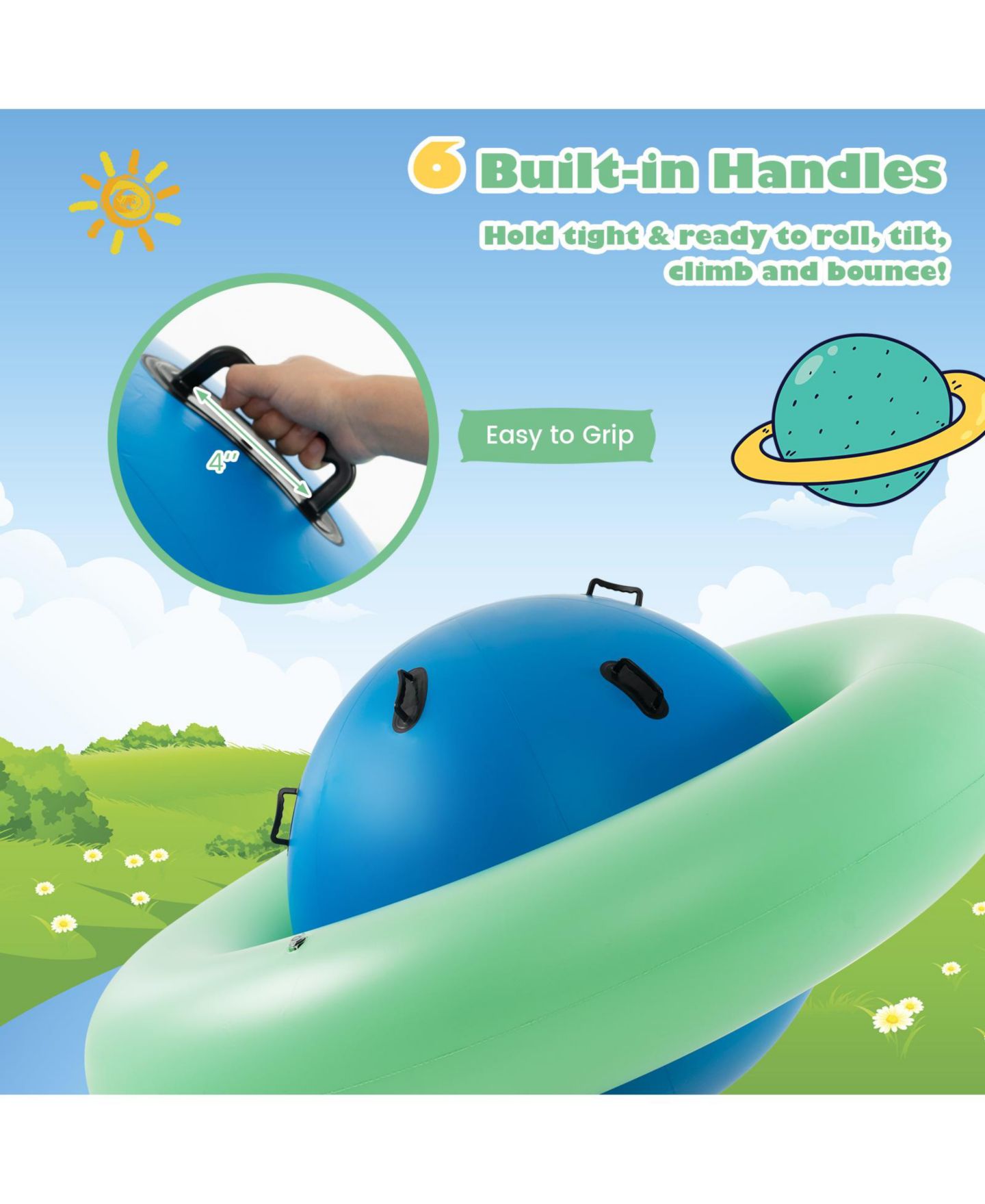 Детская игрушка HONGGE 7.5 Ft Inflatable Dome Rocker Bouncer with 6 Handles for Kids, цвет: Зелёный синий — фото 7