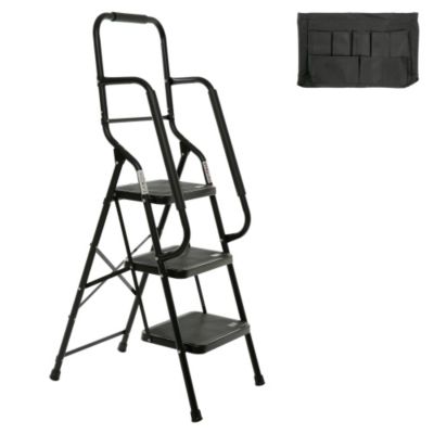 3 Step Folding Ladder with Handrails 500 lb Capacity Steel Frame Step Stool Tool Bag Wide Pedal