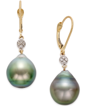 image of Cultured Tahitian Pearl (12mm) and Diamond Accent Drop Earrings in 14k Gold