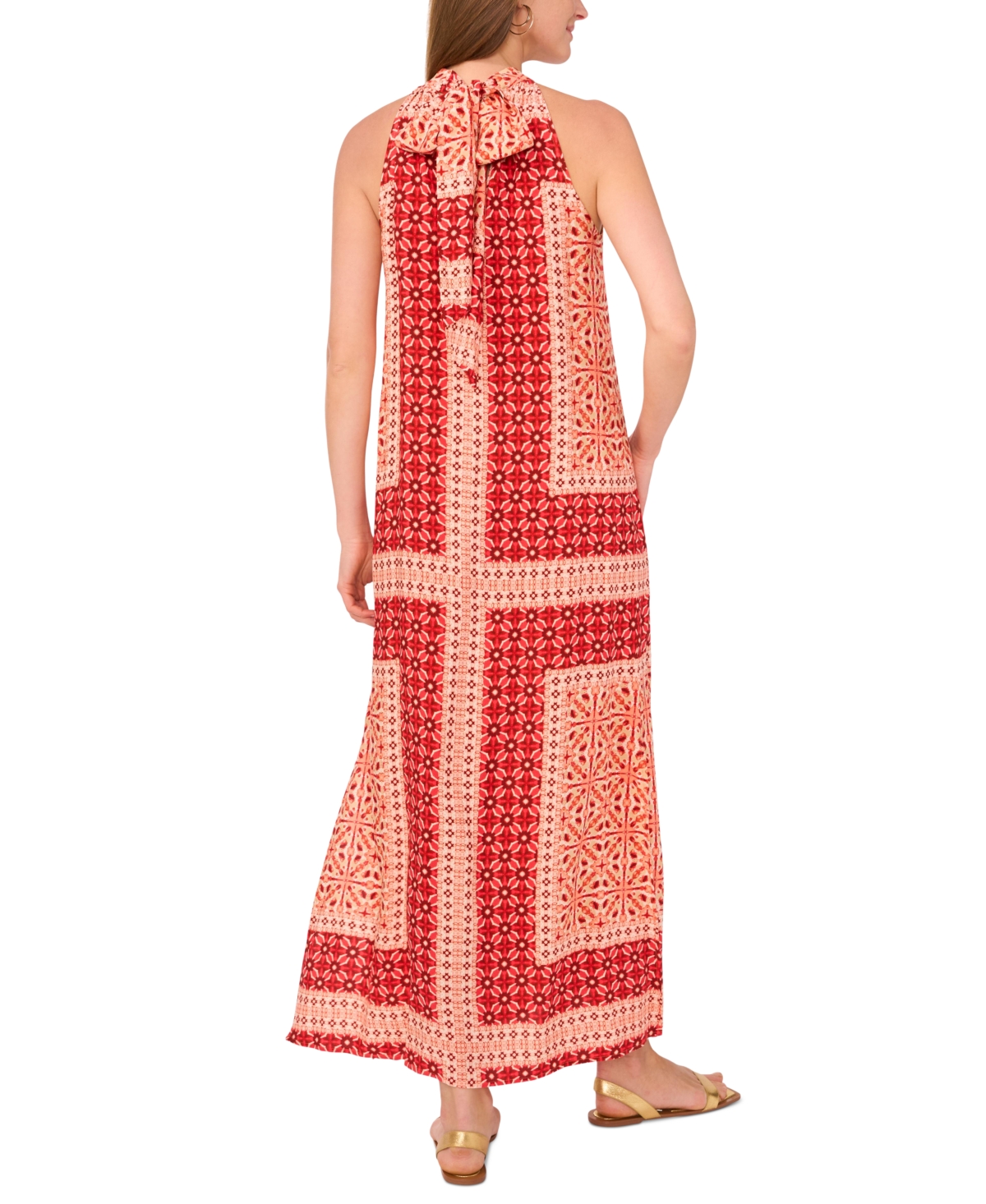 Vince Camuto Women's Tile-print Sleeveless Halter Maxi Dress In Cayenne