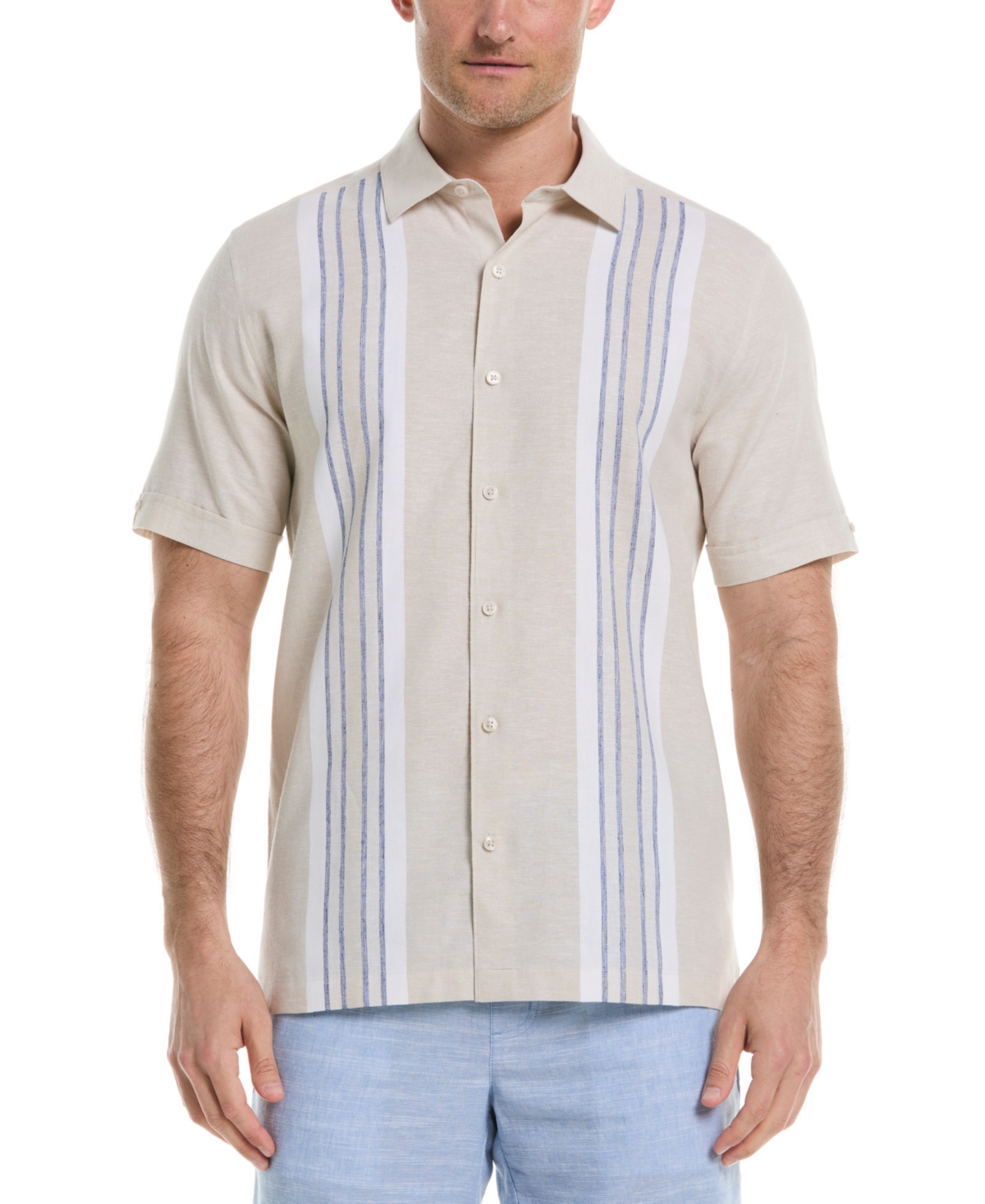Men's Classic-Fit Engineered Stripe Panel Linen Blend Button-Down Shirt - Egret