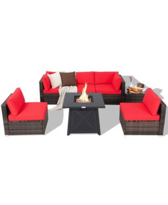 7PCS Rattan Patio Sectional Furniture Set with 30'' Fire Pit Table & Cushion