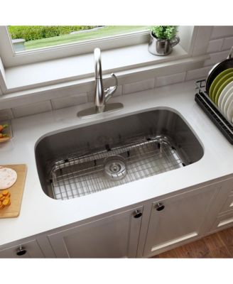 32" 18-Gauge Brushed Stainless Steel Single-Groove Sink with Drain Grid and Drainer for Under-Table Installation