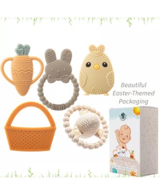 Toddler Easter Teether Set, Easter Bunny, Carrot, Chicken, Rattle Egg & Easter Basket Teething Toys Cute Easter Teethers Toys Gift Set