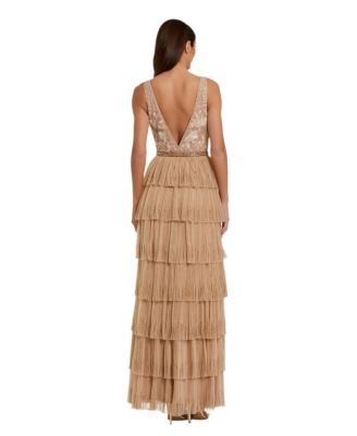 Women's Beaded Mesh V Neck Gown With Tiered Ruffles