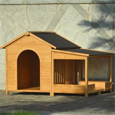 60.2inch Large Wooden Dog House with Porch Cabin Style Dog Crate with Asphalt Roof Nature