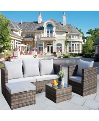 Streamdale 4-Pc Outdoor Rattan Sofa Set, Cushioned couch & coffee table (Gray)