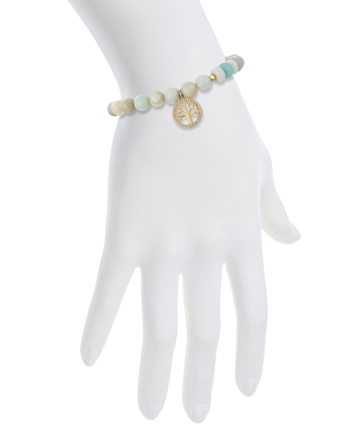 Unwritten Cubic Zirconia And Amazonite Stone Family Tree Stretch Bracelet In Gold