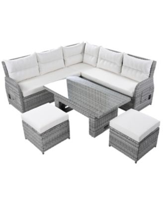 Streamdale Patio Rattan Furniture Set, Adjustable Table, Recliners, Ottomans, Beige