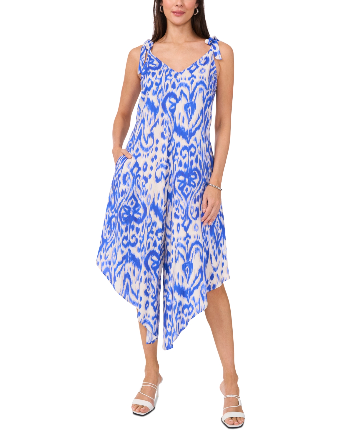 Women's Printed V-Neck Sleeveless Tie-Shoulder Angled-Hem Jumpsuit - Royal Azure