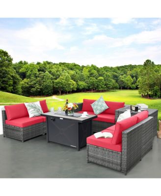 9 PCS Patio Rattan Furniture Set Fire Pit Table Storage Grey W/ Cover