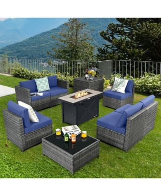 9 PCS Patio Rattan Furniture Set Fire Pit Table Storage Grey W/ Cover