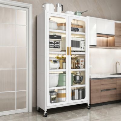 65inch Kitchen Pantry Storage Cabinet 6 Tier Metal Display Cabinet with Transparent Door Adjustable Shelves Wheels White