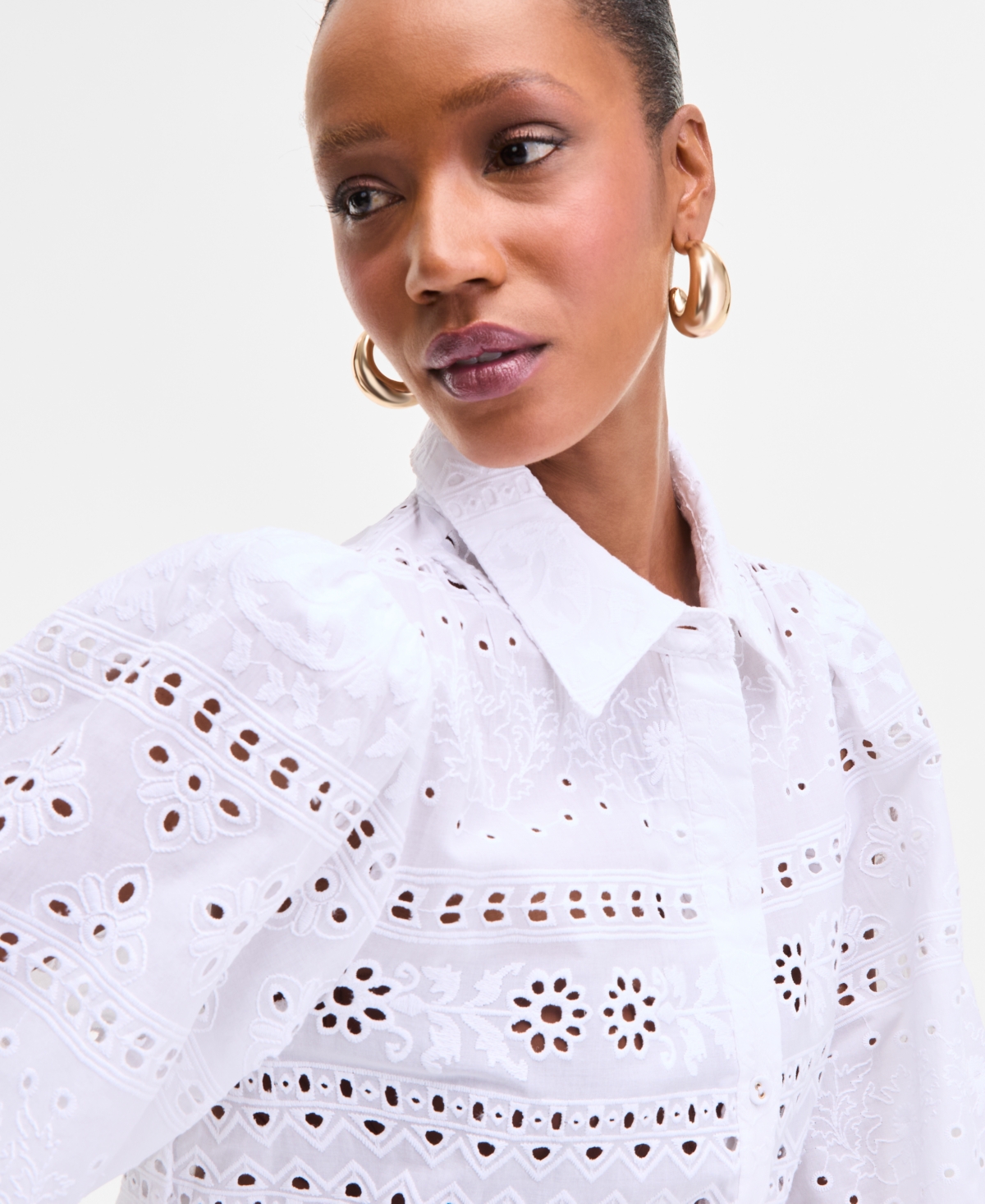 Inc International Concepts Plus Size Cotton Eyelet-embroidered Blouse, Exclusively At Macy's In Brown