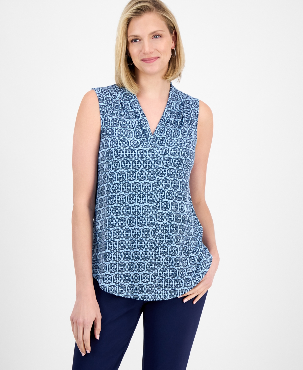 Shop Jm Collection Women's Printed V-neck Sleeveless Knit Blouse, Exclusively At Macy's
