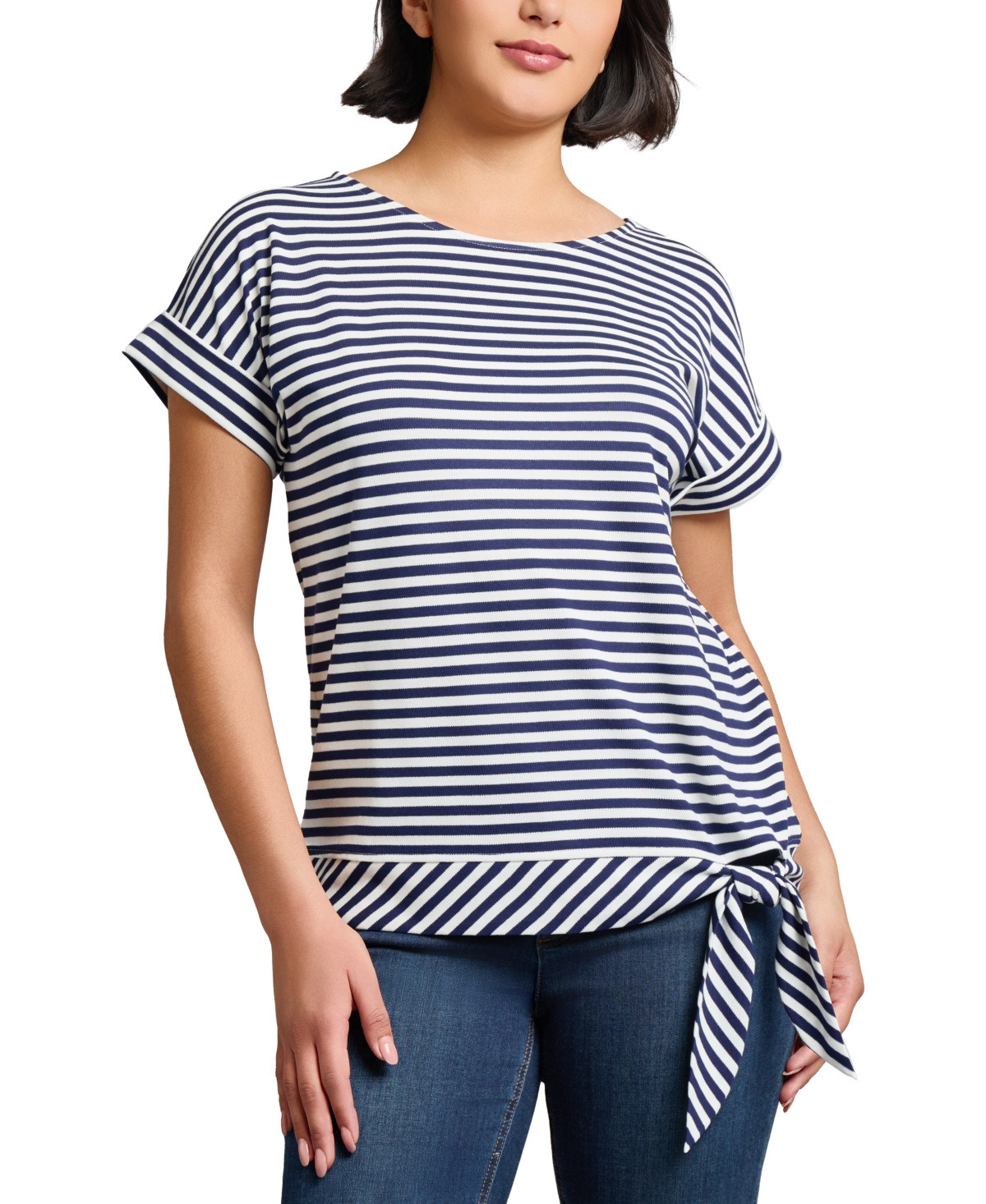 Women's Striped Dolman-Sleeve Tie-Waist Top - Pacific Navy/Nyc White