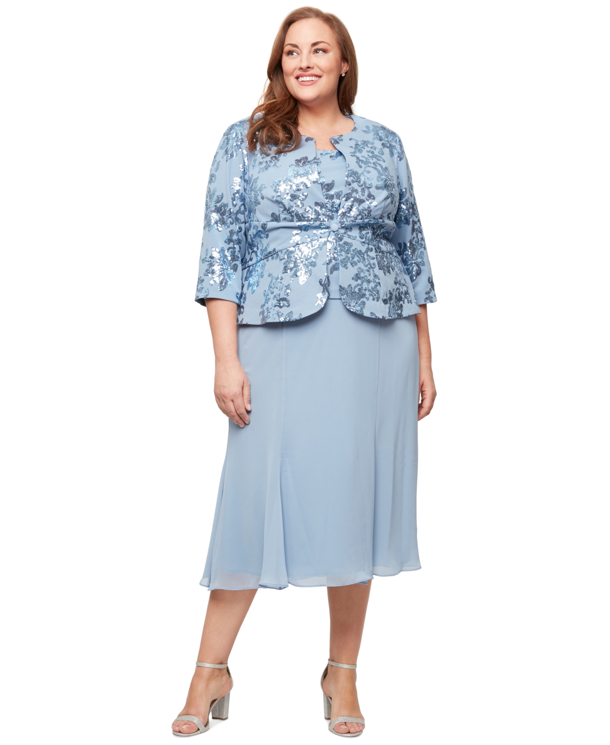 Plus Size Sequinned Jacket & Tea-Length Dress - Dusty Blue