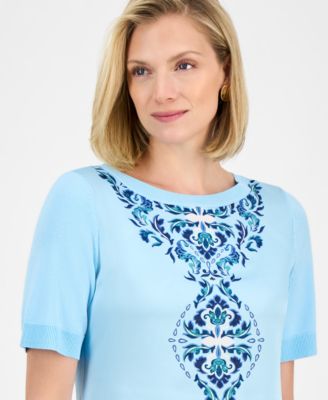Women's Printed Mixed-Media Sweater, Exclusively at Macy's