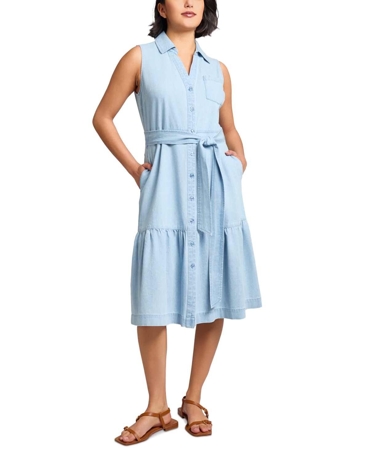 Jones New York Women's Cotton Tie-waist Sleeveless Midi Shirtdress