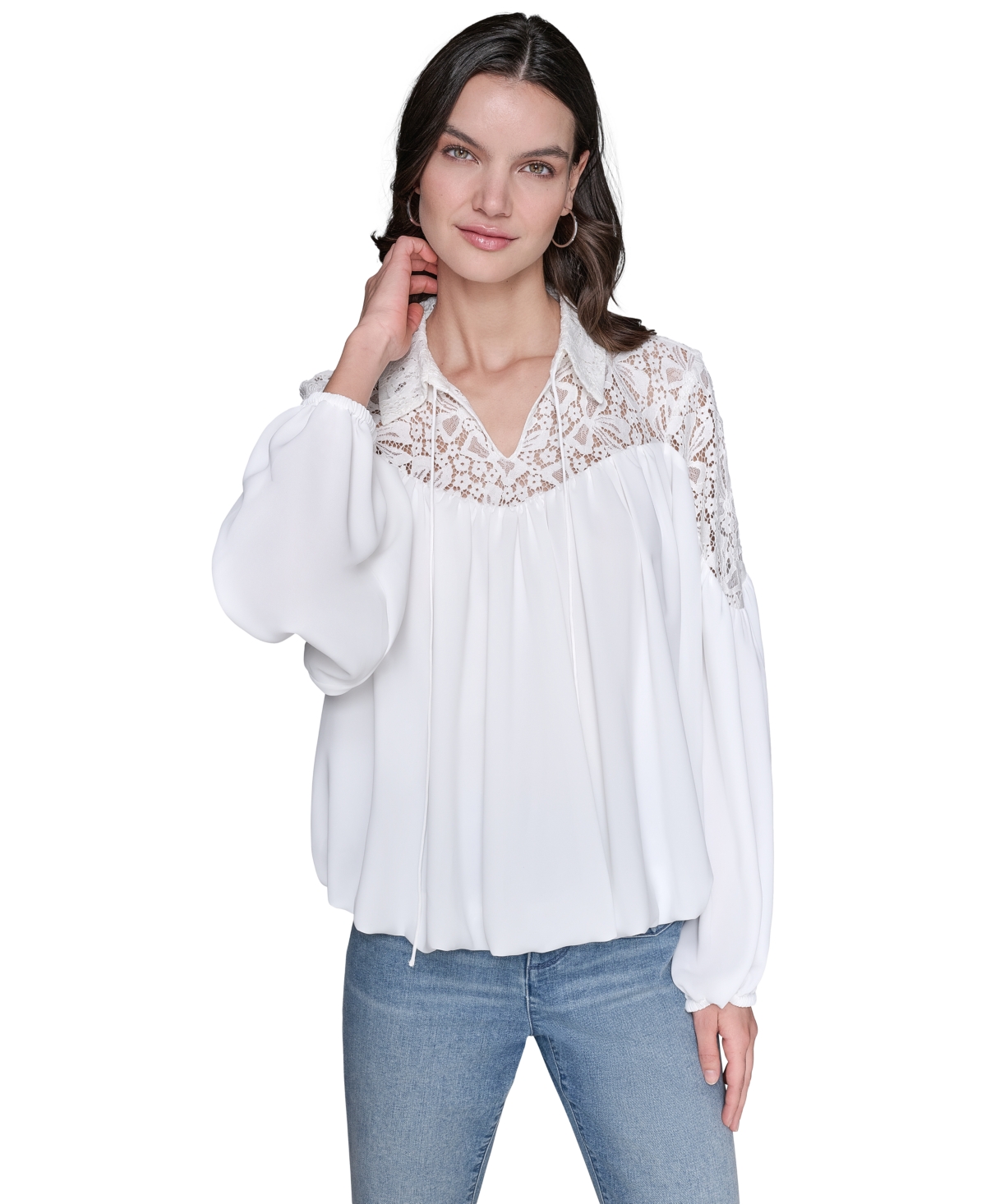 Karl Largerfeld Paris Women's Lace-Trimmed Tie-Neck Top - Soft White