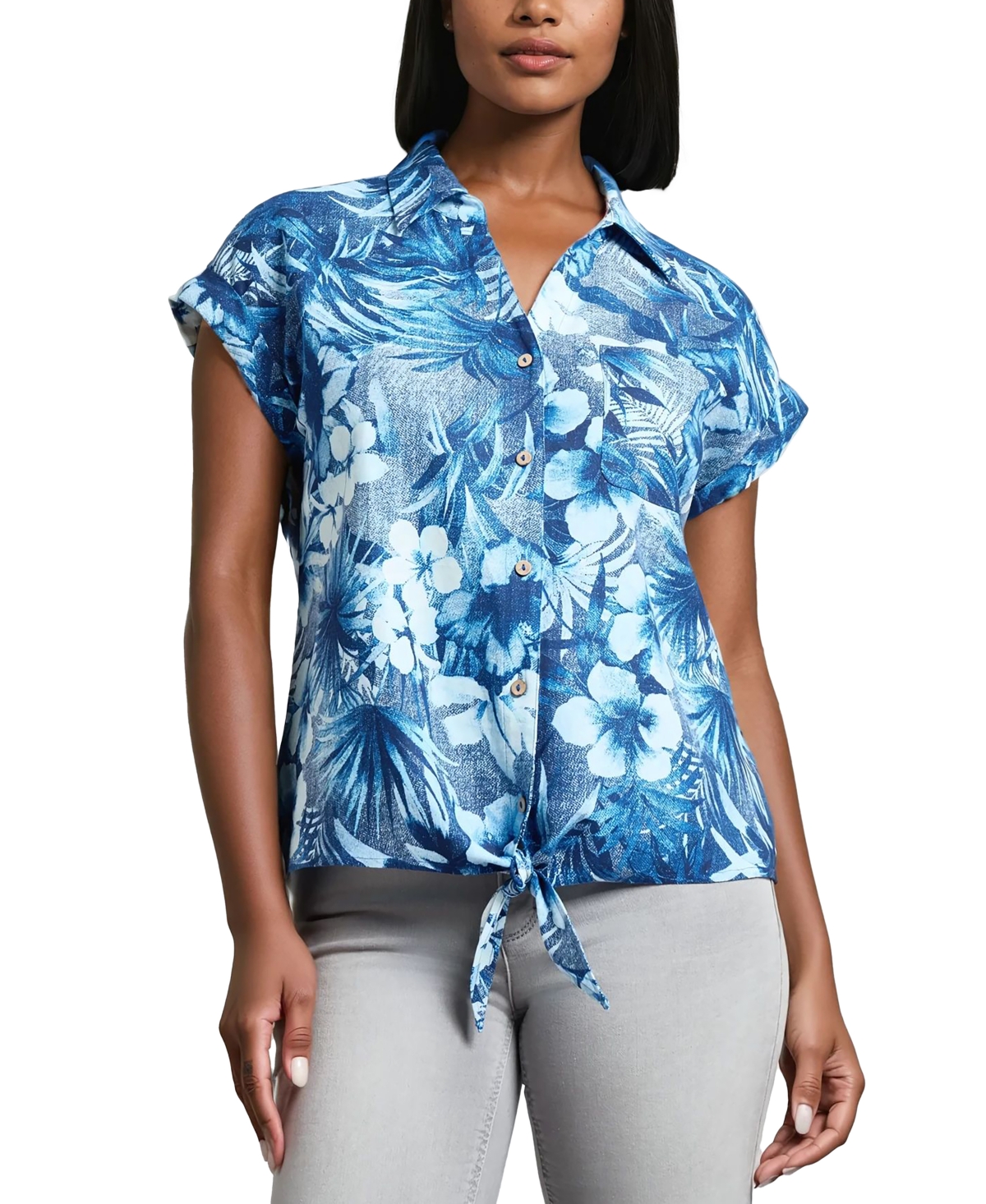 Jones New York Button Detail Linen-blend Blouse
