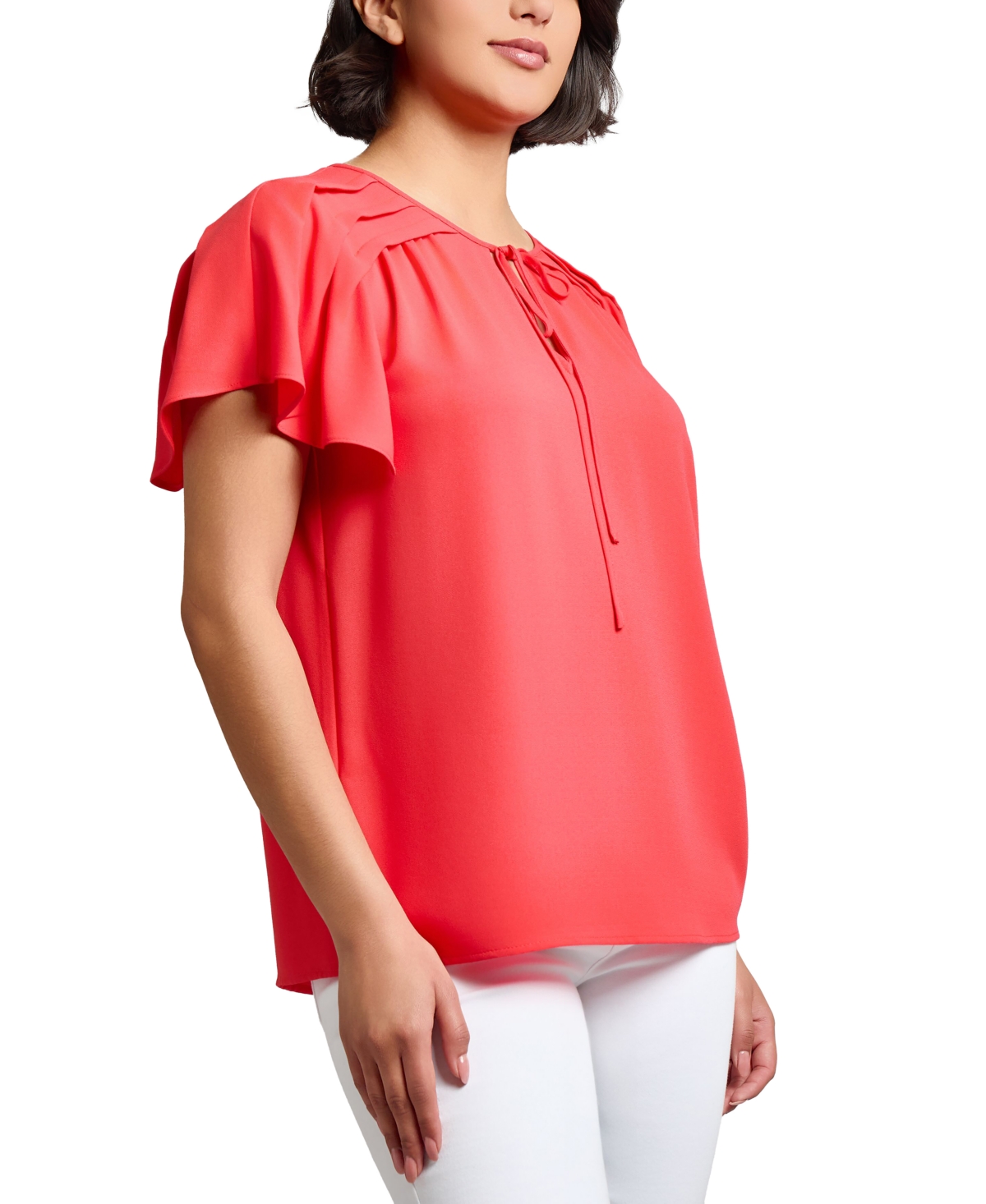 Jones New York Pleated Shoulder Tie Neck Top In Red
