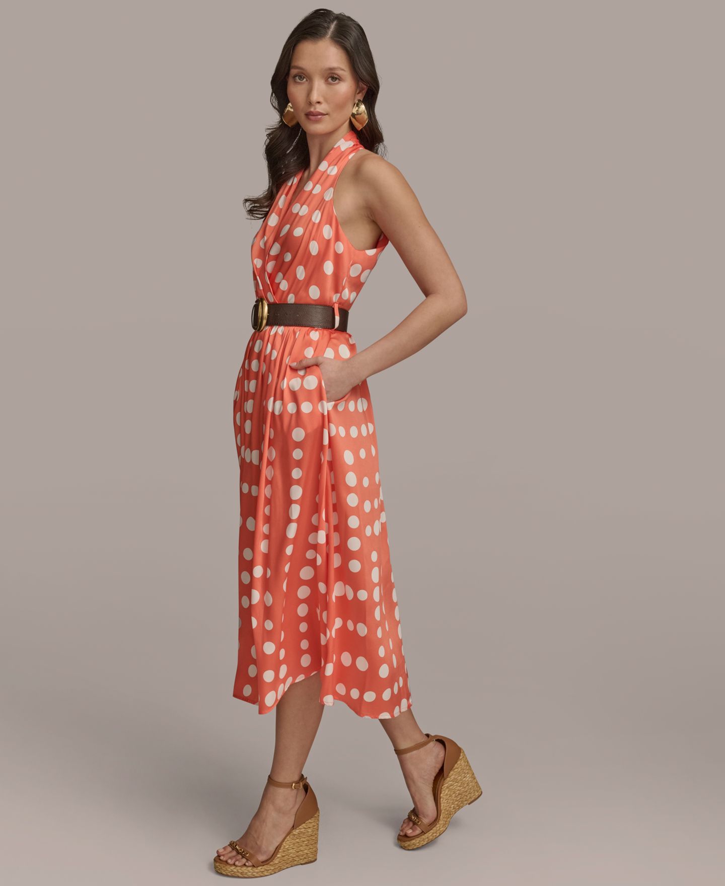 Женское платье Donna Karan New York Polka-dot Belted A-line Midi, цвет: Кремовый — фото 4