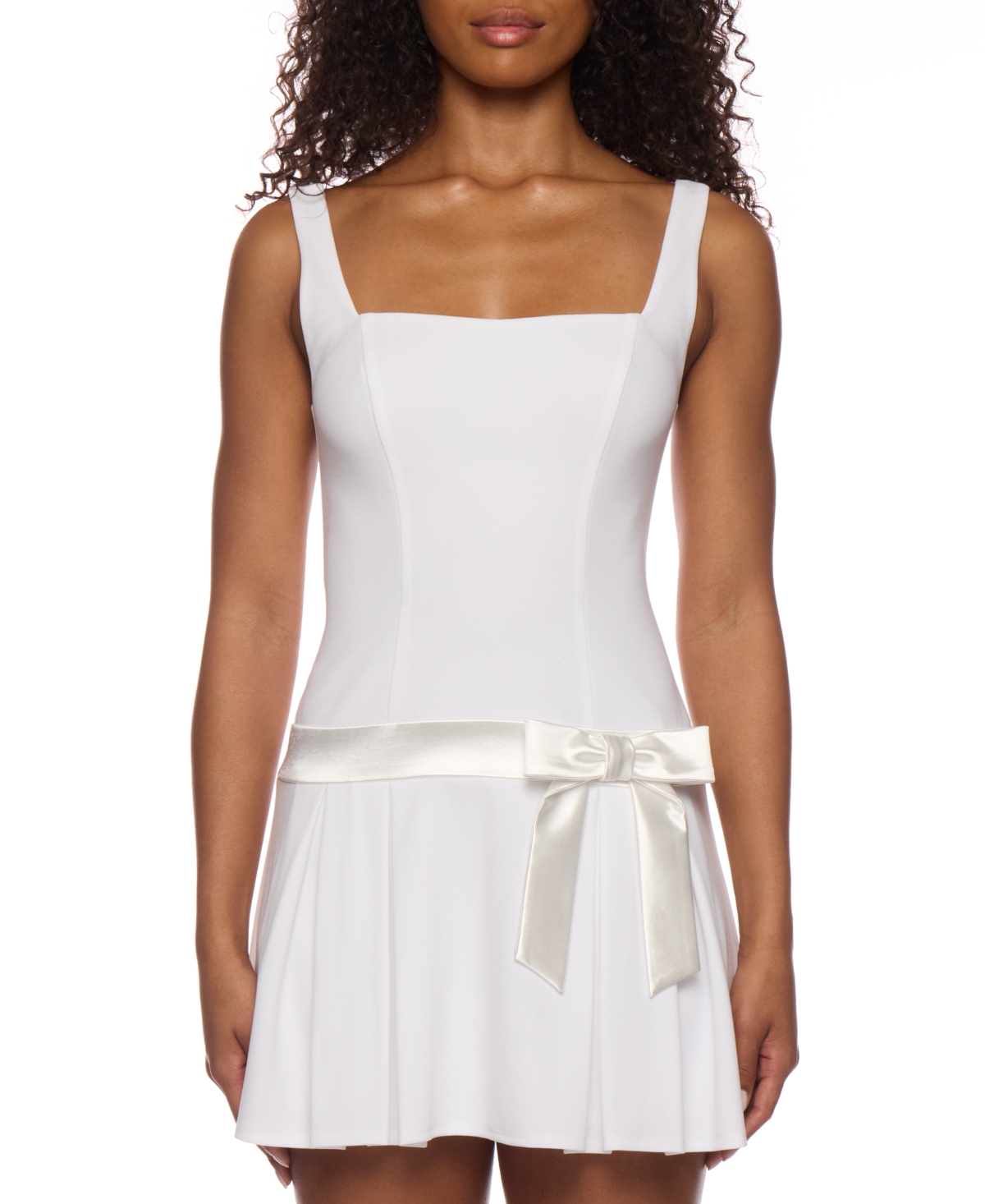 B Darlin Juniors' Drop-waist Square-neck Bow-trim Dress In White