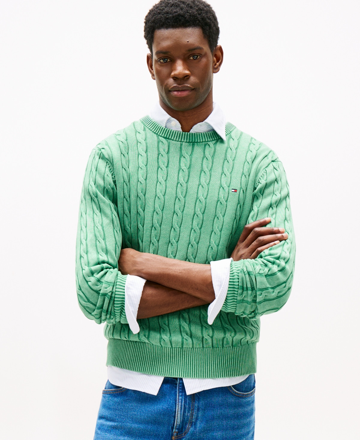Men's Regular-Fit Cable Knit Crewneck Sweater - Breezy Blue